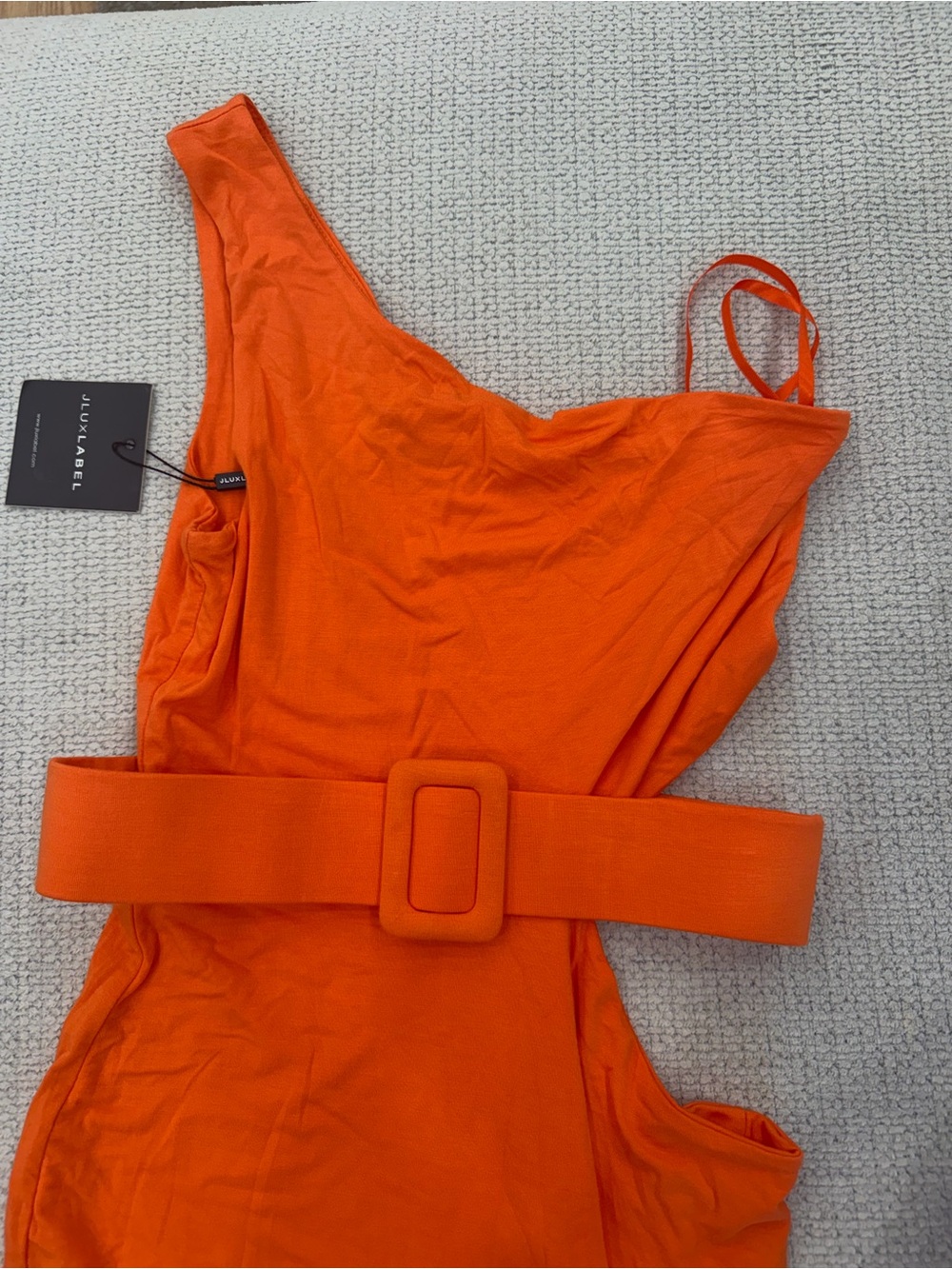 JLUXLABEL One-Shoulder Belted Dress in Bright Orange